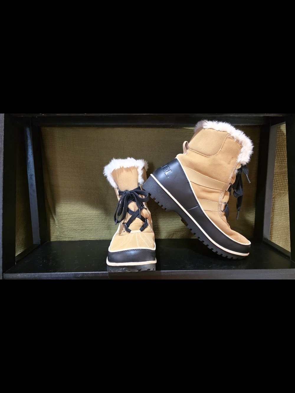 Sorel Tan & Black Lace-Up Winter Boots with Faux Fur Cuff